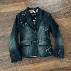 Y2K Denim Blazer Jacket with Floral Embroidery